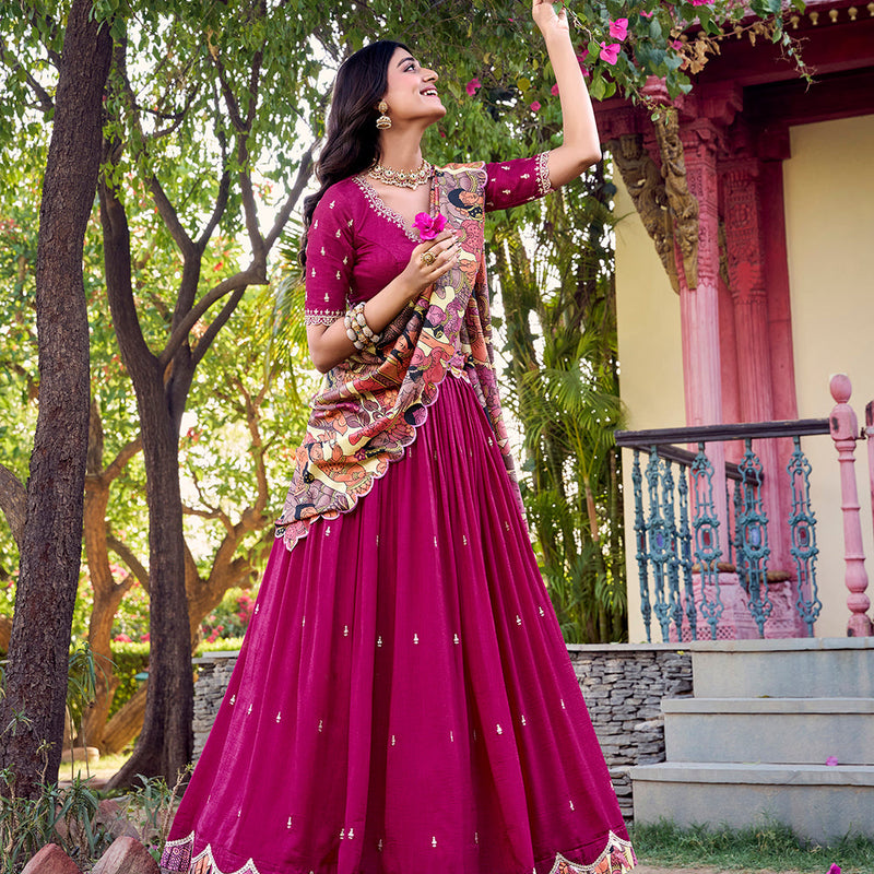 Pink Color Sequins And Thread Embroidery Work Vichitra Silk Lehenga