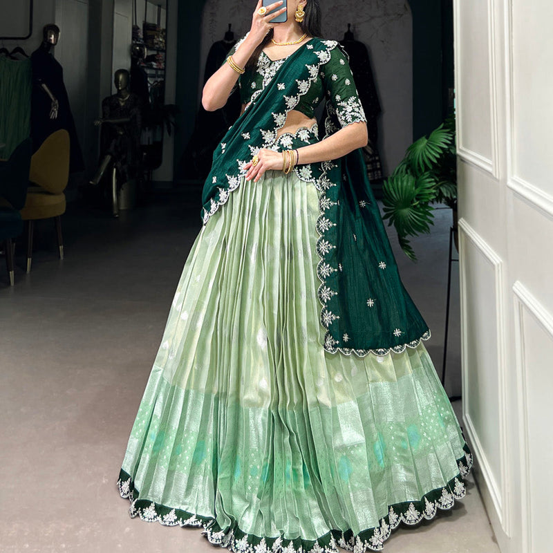 Pista Color Zari Weaving Work Sequins And Embroidery Border With Zari Kota Lehenga Choli