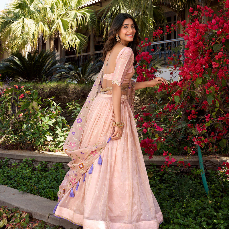 Light Pink Color Sequins And Thread Embroidery Gold Crush Lehenga Choli