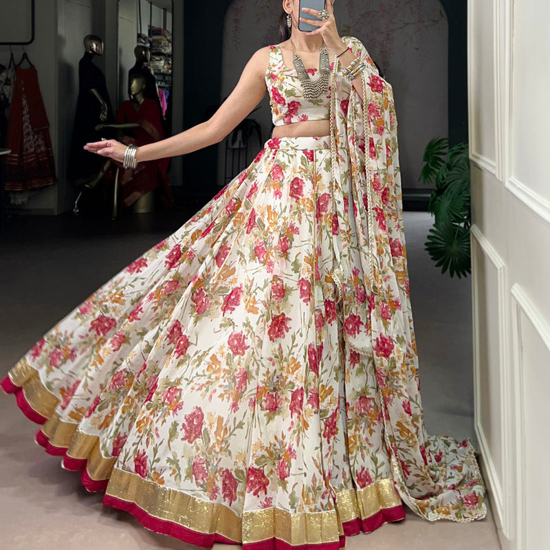 White Color Floral And Foil Print With Embossed Design Chiffon Ghaghra choli