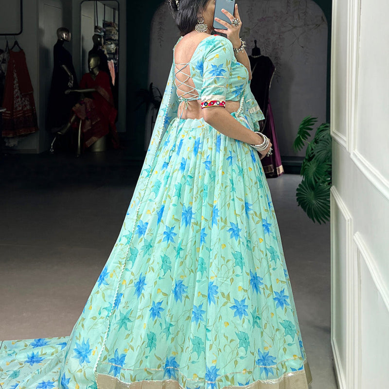 Pista Color Floral Print With Embossed Design Tabby Silk Chaniya Choli