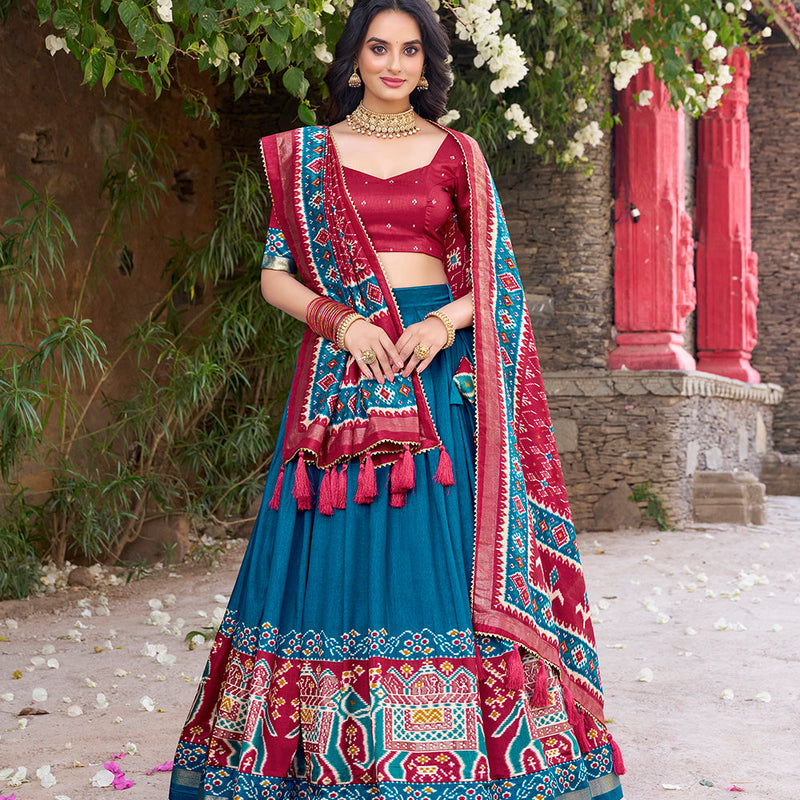 Teal Color Patola Printed Tasar Silk Lehenga Choli