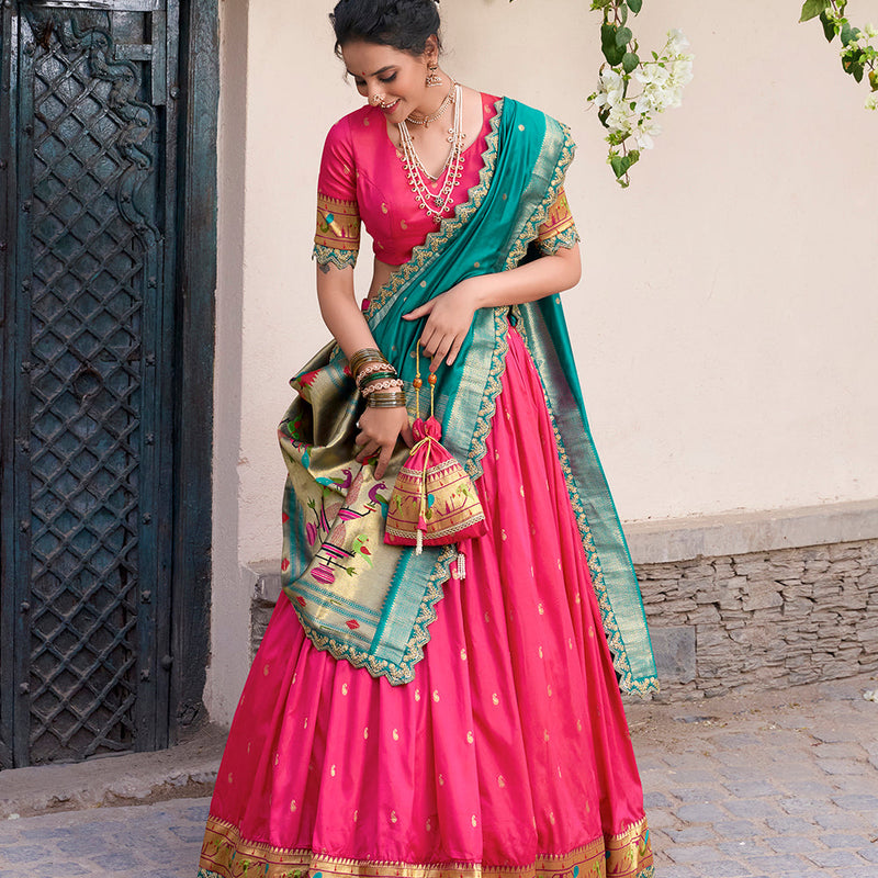 Pink Color Zari Weaving Work Jacquard Silk (Paithani) Lehenga Choli