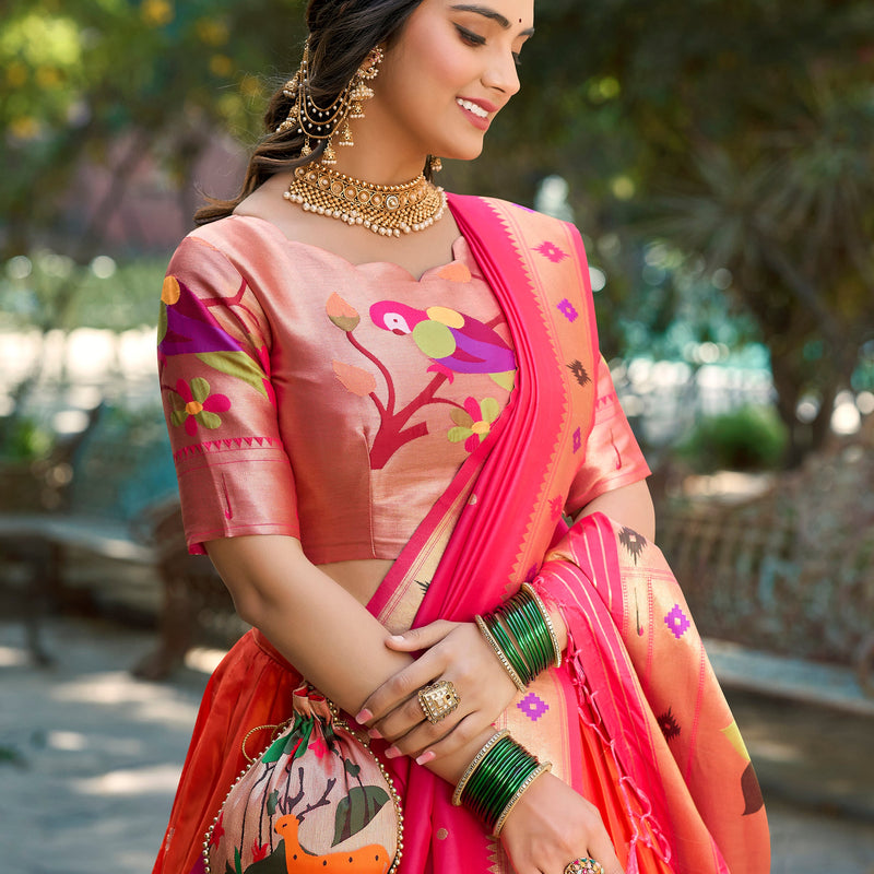 Orange Color Weaving Zari Work Jacquard Silk Lehenga Choli