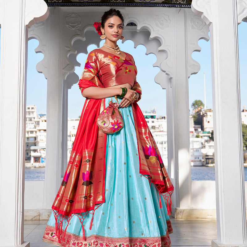 Sky Blue Weaving Zari Work With Jacquard Silk (Paithani) South Lehenga Choli