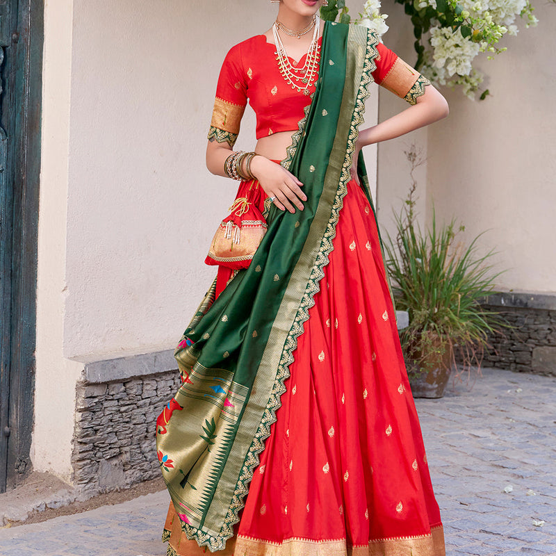 Red Color Zari Weaving Work Jacquard Silk (Paithani) Lehenga Choli