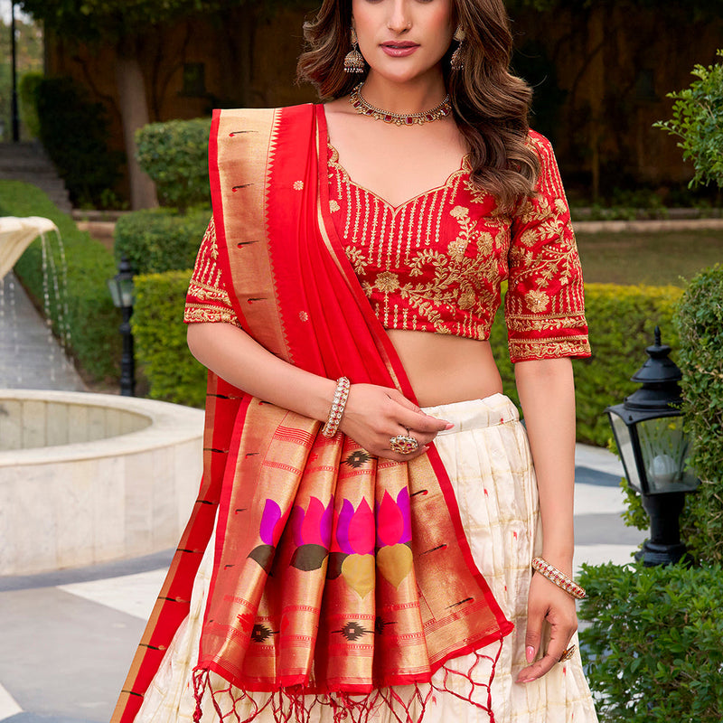 White Color Zari Weaving Paithani Lehenga