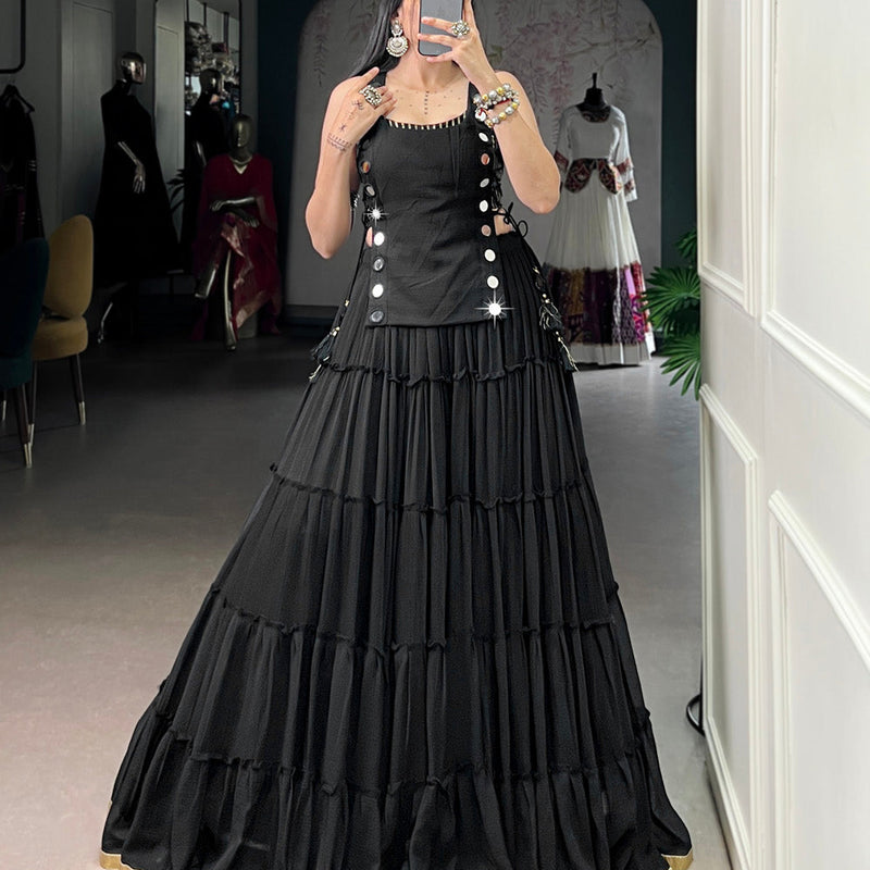 Black Color Embossed Design Lace Border Marbel Chaniya Choli