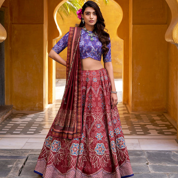 Maroon Color Printed With Beads Work Lehenga
