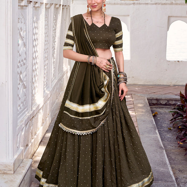 Mehendi Color Zari Weaving Work With Embossed Design Chanderi Lehenga Choli