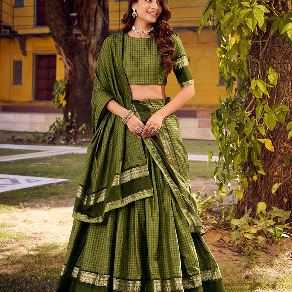 Mehendi Color Chex With Zari weaving Work Chettinad Cotton Lehenga Choli