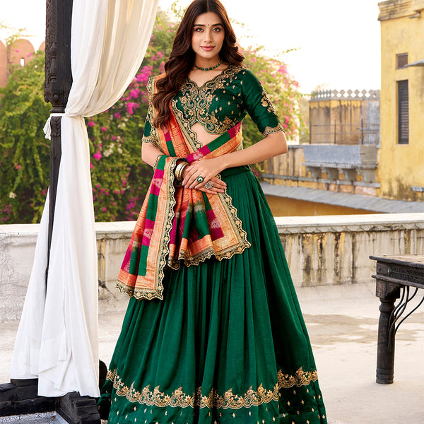 Green Color Vichitra Silk Lehenga