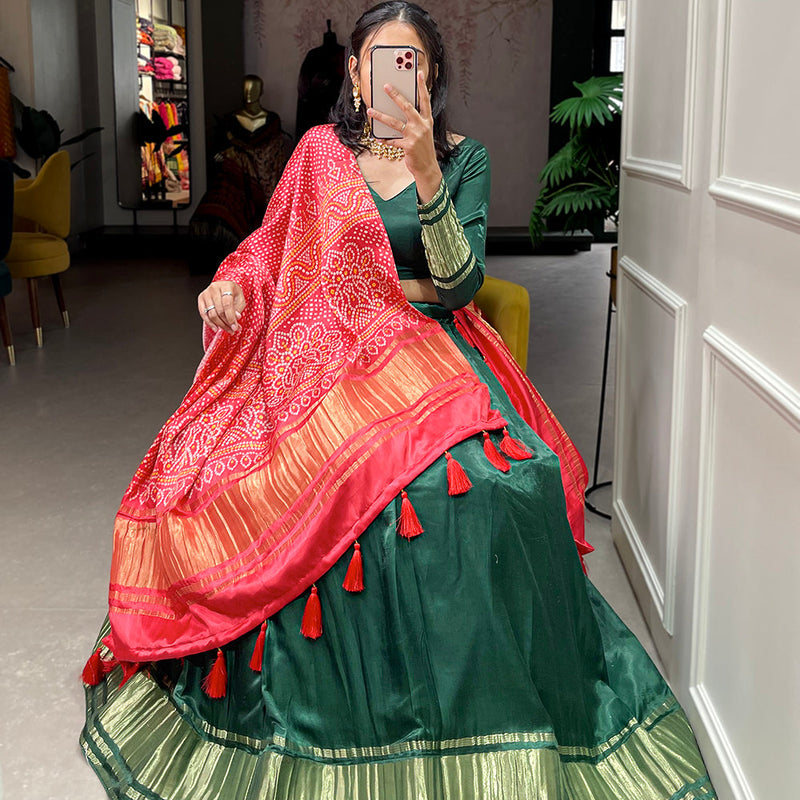 Green Color Dyeing With Lagdi Patta Gaji Silk Lehenga Choli