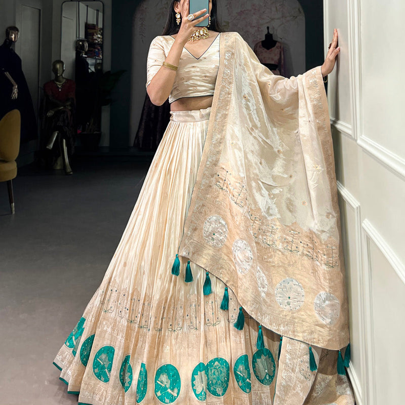 Bottle Green Color Mirror And Bids (Moti) Handwork Shimmer With Weaving Work Lehenga Choli