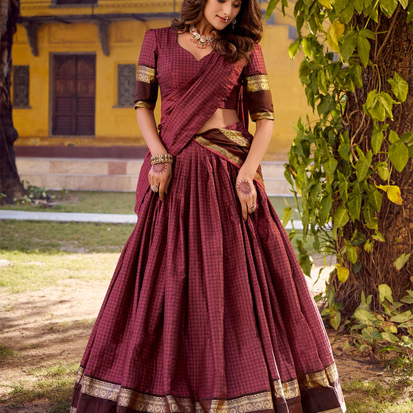 Mulberry Color Chex With Zari weaving Work Chettinad Cotton Lehenga Choli