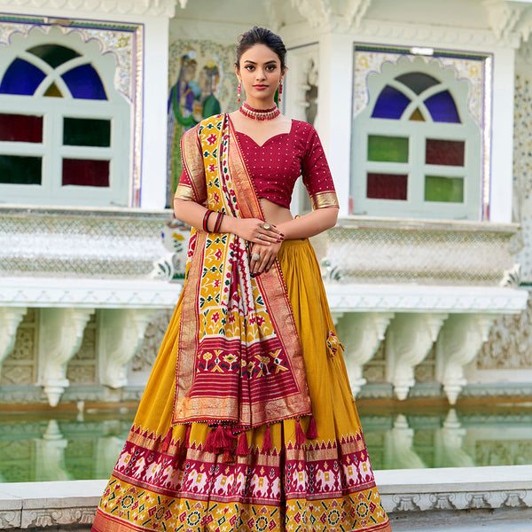 Mustard Color Patola Print With Foil Work Tasar Silk Lehenga Choli