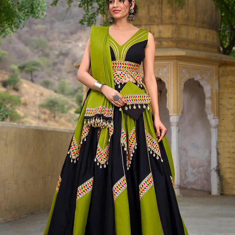 Parrot Color Plain With Gamthi Work Cotton Traditional Chaniya Choli