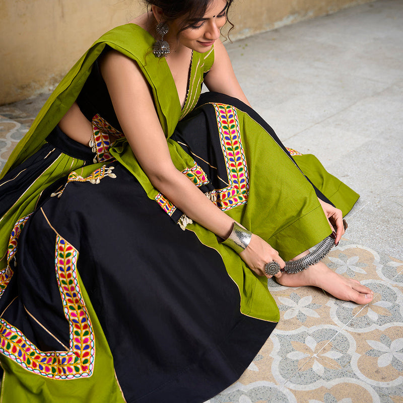 Parrot Color Plain With Gamthi Work Cotton Traditional Chaniya Choli