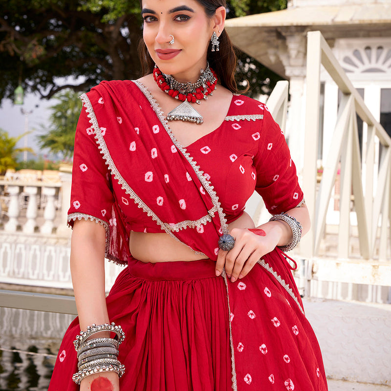 Red Color Bandhej Print With Lace Touch Up Chanderi Chaniya Choli
