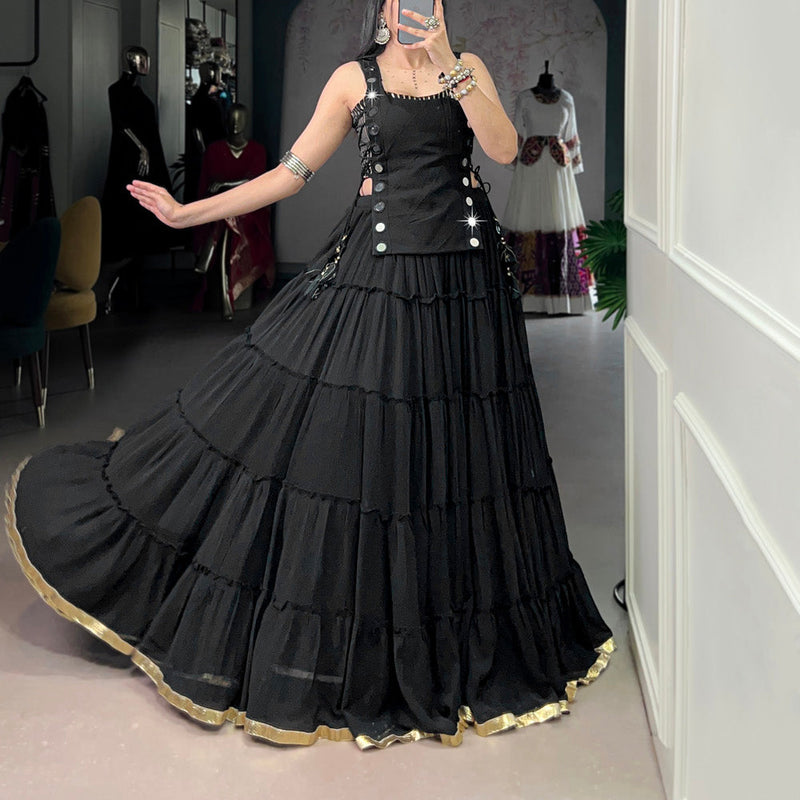 Black Color Embossed Design Lace Border Marbel Chaniya Choli