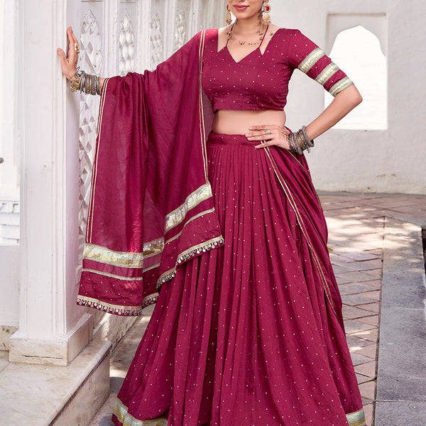 Maroon Color Zari Weaving Work With Embossed Design Chanderi Lehenga Choli