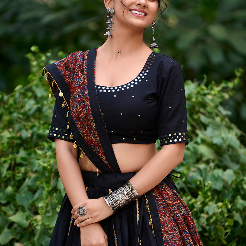 Balck Color Plain With Gota Patti Cotton Traditional Lehenga Choli