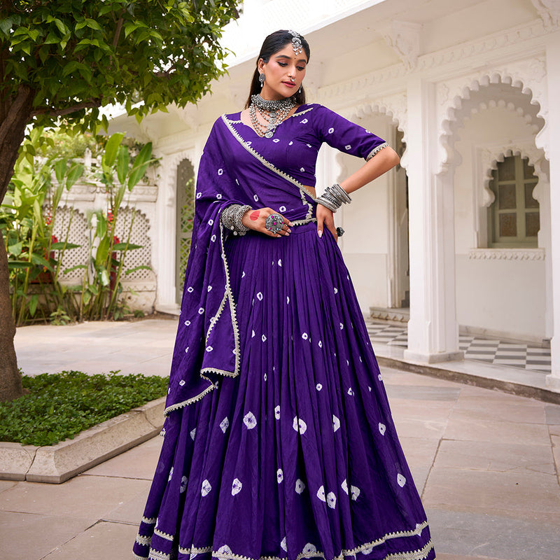 Purple Color Bandhej Print With Lace Touch Up Chanderi Chaniya Choli