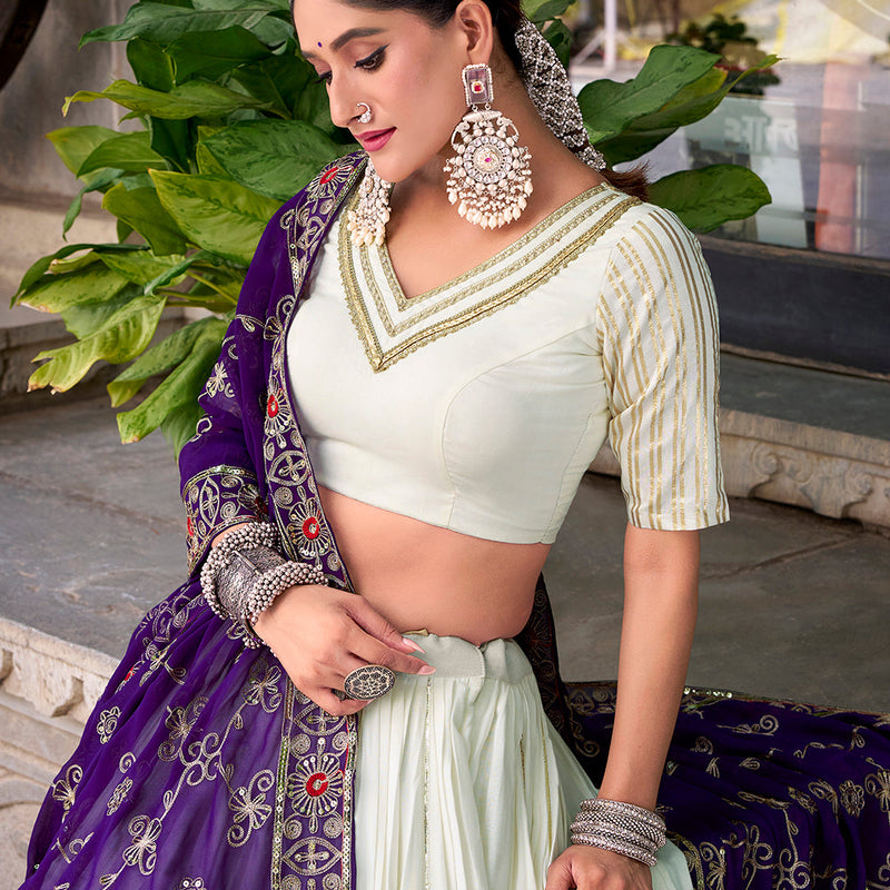 White Color Zari Weaving Work With Lace Touch Up Rayon Lehenga choli