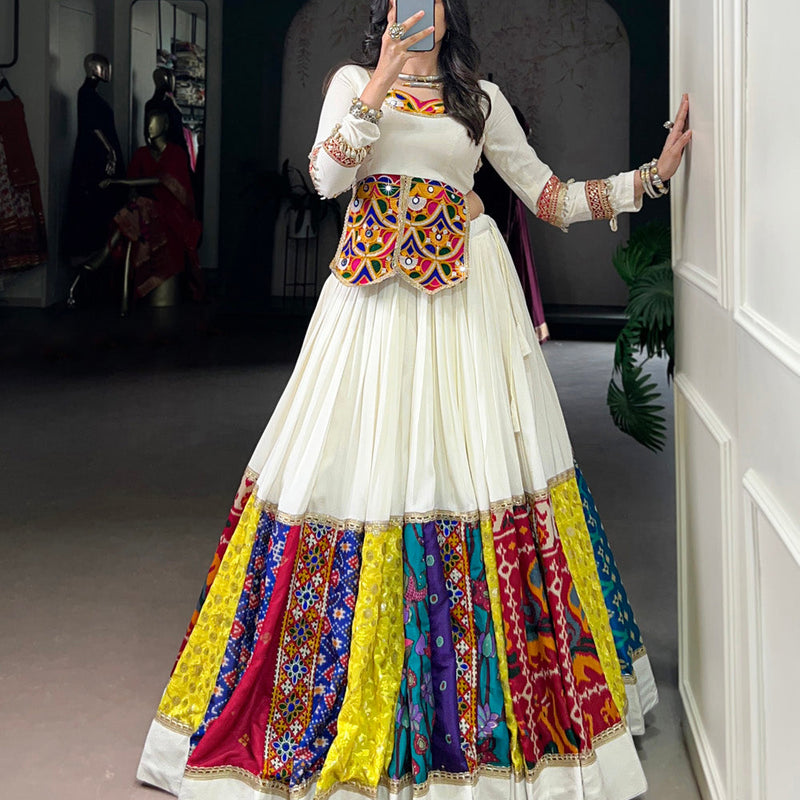White Color Multi Patch With Lace Touch Up Rayon Chaniya Choli