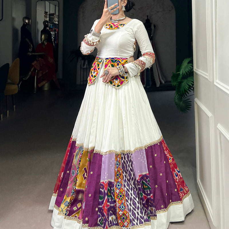 White Color Multi Patch With Lace Touch Up Rayon Chaniya Choli