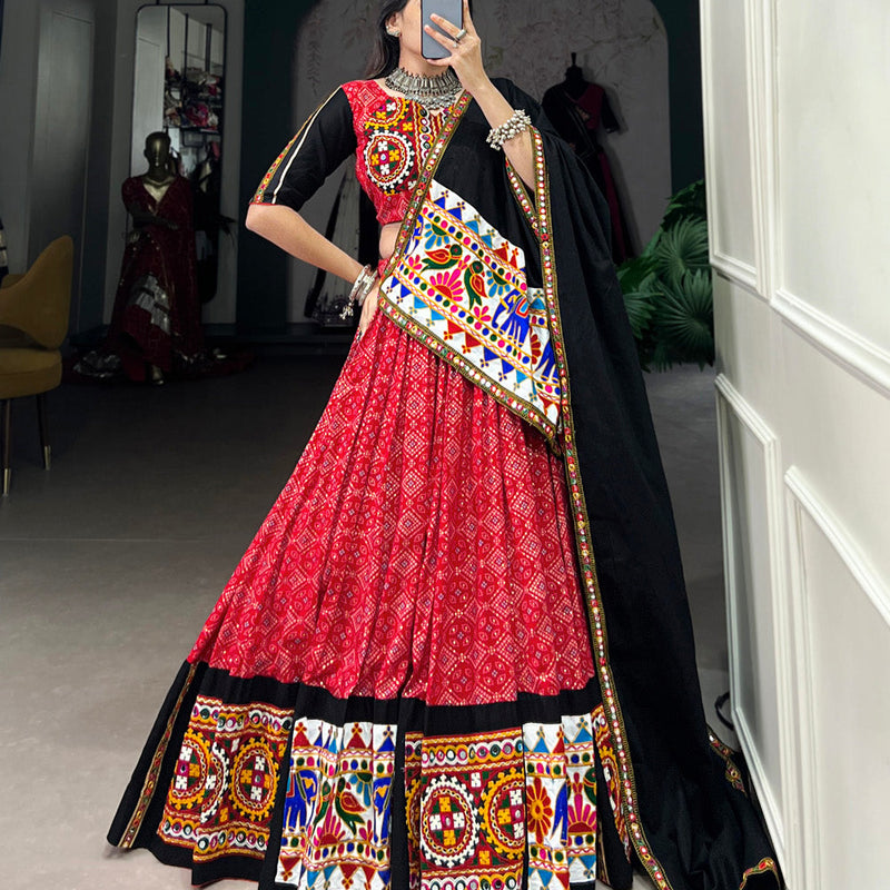 Red Color Printed And Gamthi Work With Mirror Work Cotton Chaniya Choli