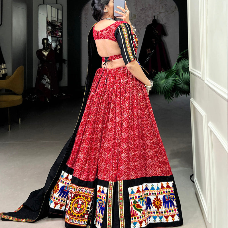 Red Color Printed And Gamthi Work With Mirror Work Cotton Chaniya Choli