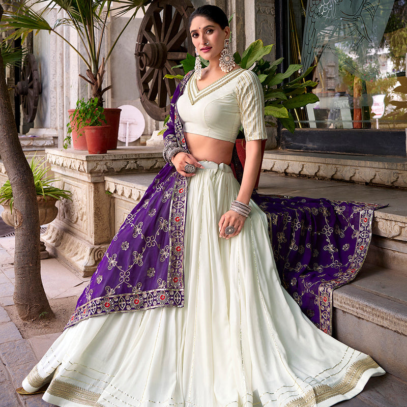 White Color Zari Weaving Work With Lace Touch Up Rayon Lehenga choli