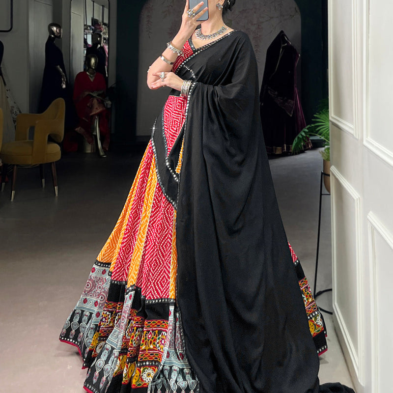Yellow Color Bandhej And Ajarakh Printed Rayon Chaniya Choli