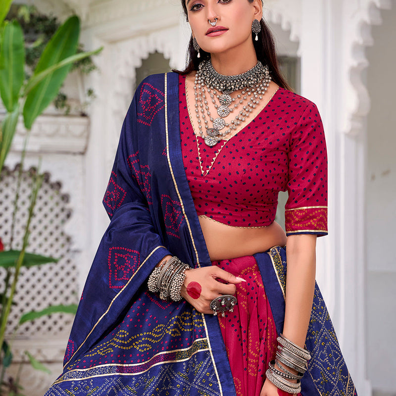 Pink Color Bandhej Print With Gotta Patti Lace Tasar Silk Lehenga Choli