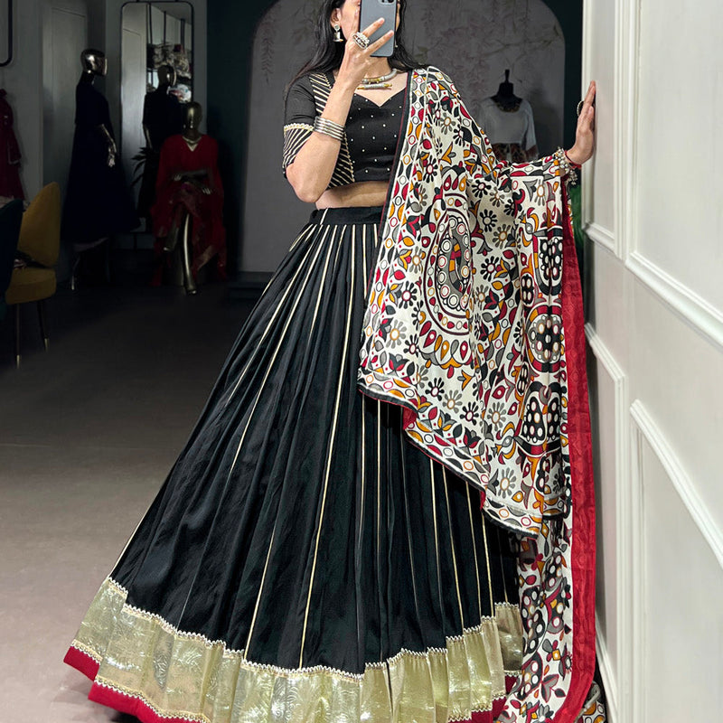 Black Color Zari Weaving Work With Embossed Design Chanderi Lehenga Choli