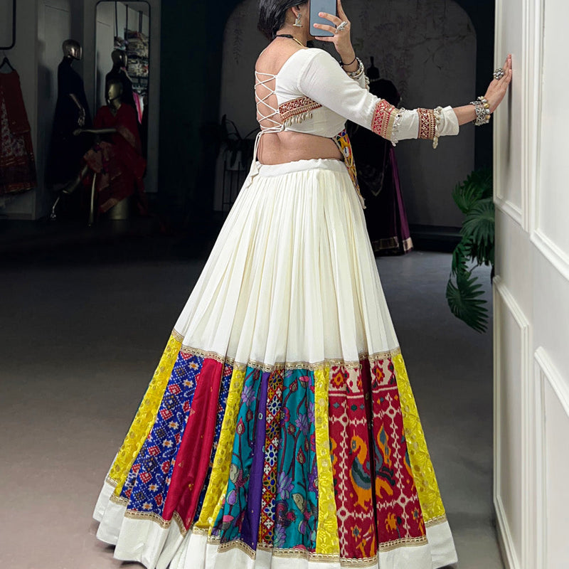 White Color Multi Patch With Lace Touch Up Rayon Chaniya Choli
