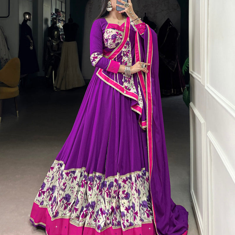 Purple Color Printed And Original Mirror Lace Border Rayon Lehenga Choli