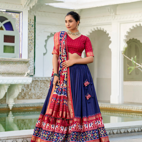 Navy Blue Color Ikkat Patola Print With Foil Work Tasar Silk Lehenga Choli