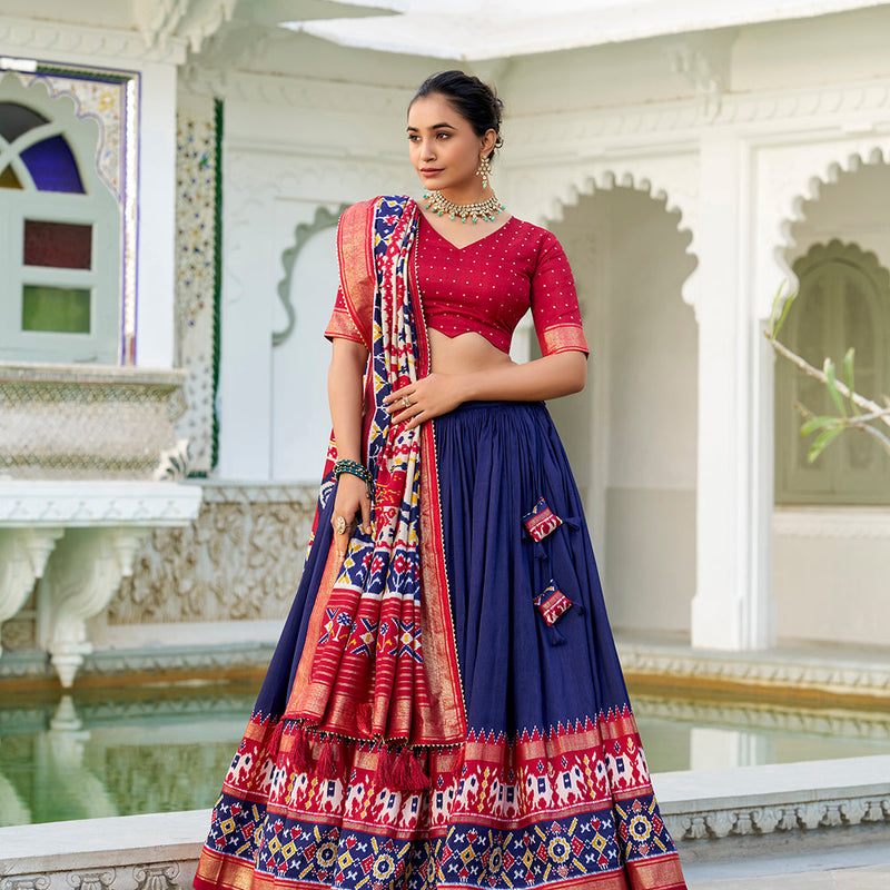 Navy Blue Color Ikkat Patola Print With Foil Work Tasar Silk Lehenga Choli