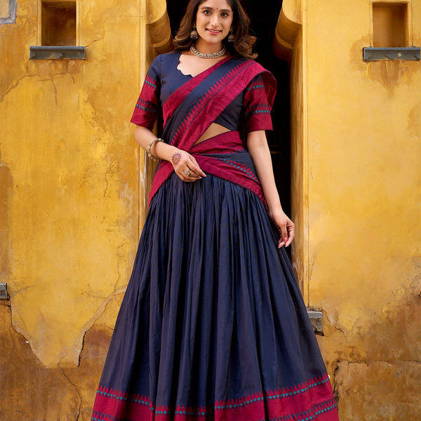 Navy Blue Color Thread Work With Chanderi Lehenga