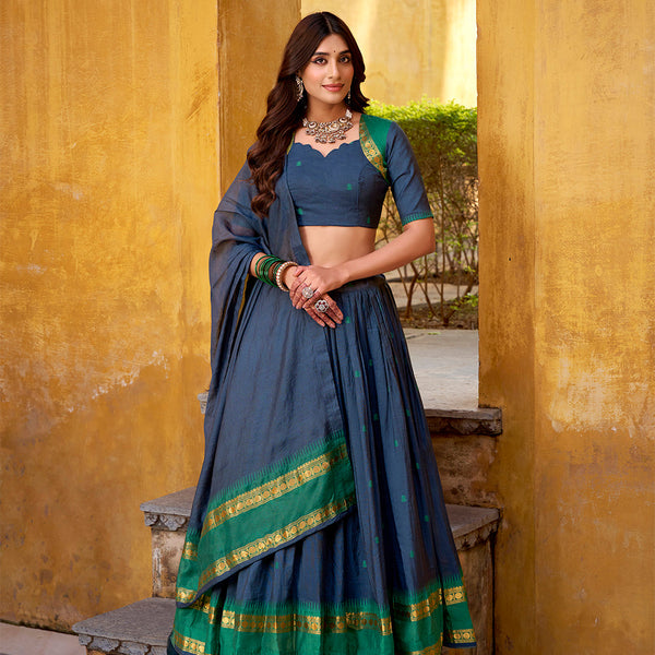 Navy Blue Color Zari Weaving Work Chanderi Lehenga Choli
