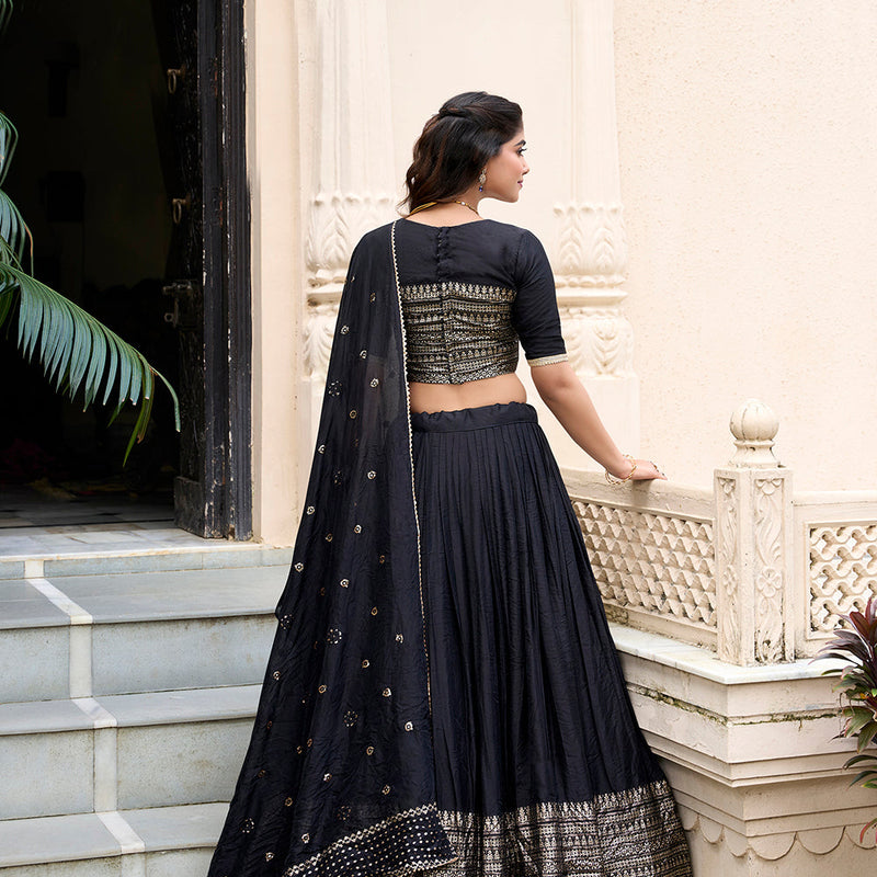 Black Color Plain With Zari Weaving Work Chanderi Lehenga Choli