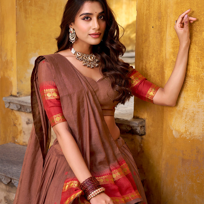 Brown Color Zari Weaving Work Chanderi Lehenga Choli