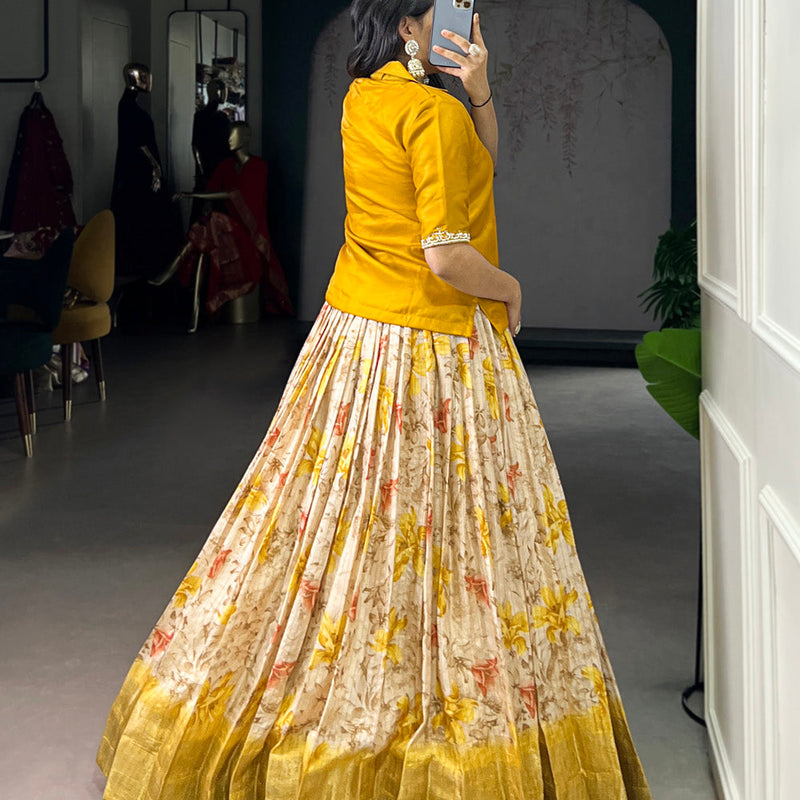 Yellow Color Floral Print With Zari Weaving Work Dola Chex Co-Ord Set