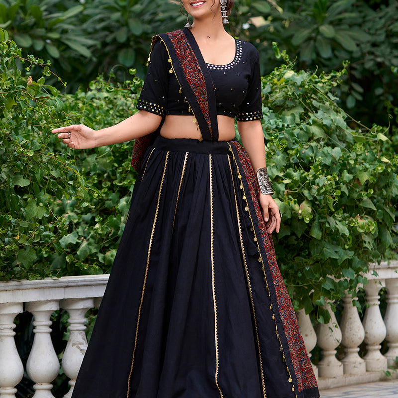 Balck Color Plain With Gota Patti Cotton Traditional Lehenga Choli