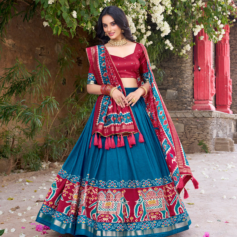 Teal Color Patola Printed Tasar Silk Lehenga Choli