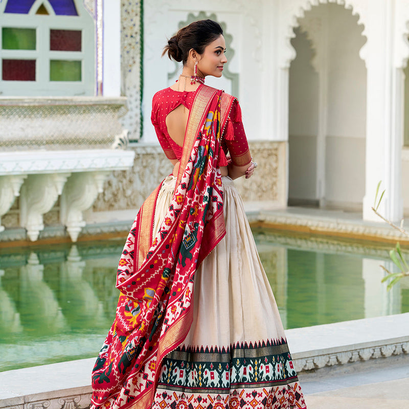 Off White Color Haydrabad Patola Print With Foil Work Tasar Silk Lehenga Choli