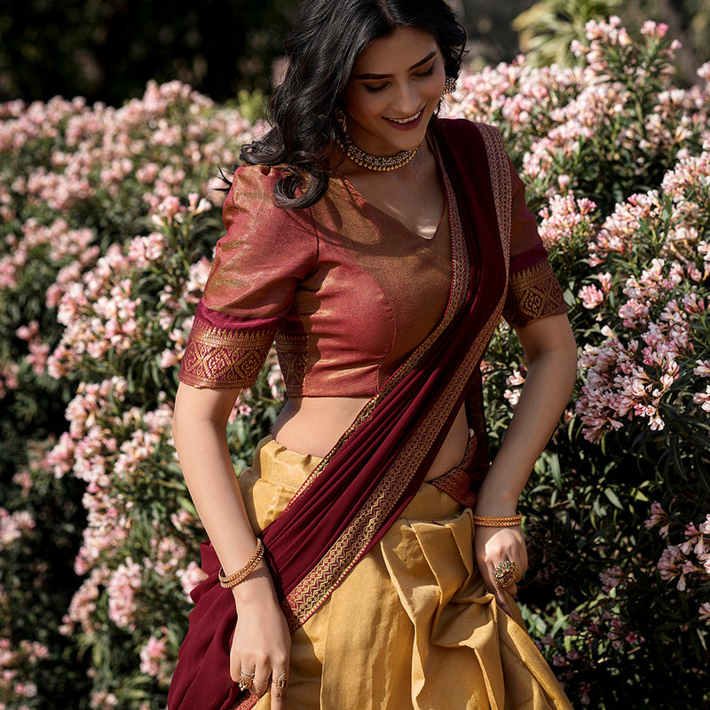 Cream Color Zari Weaving Work Kanchipuram Lehenga  Choli