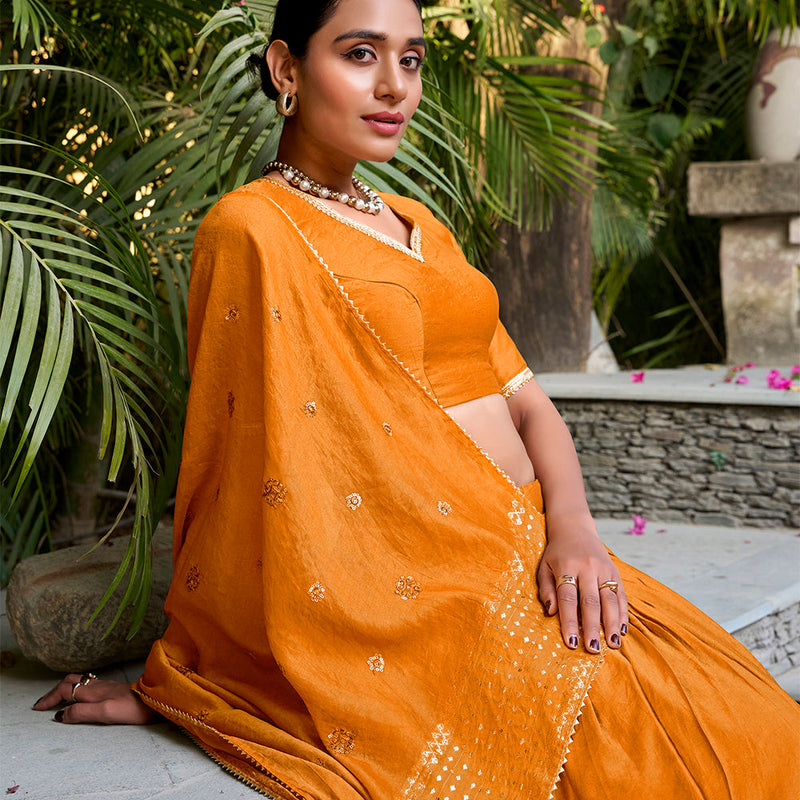 Orange Color Plain  With  Zari Weaving Work Chanderi Lehenga Choli